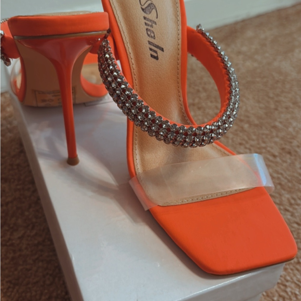 SheIn Orange Stiletto Heels with Rhinestone Strap